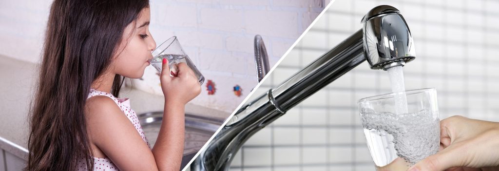 Girl drinking water from cup; cup filling water from tap